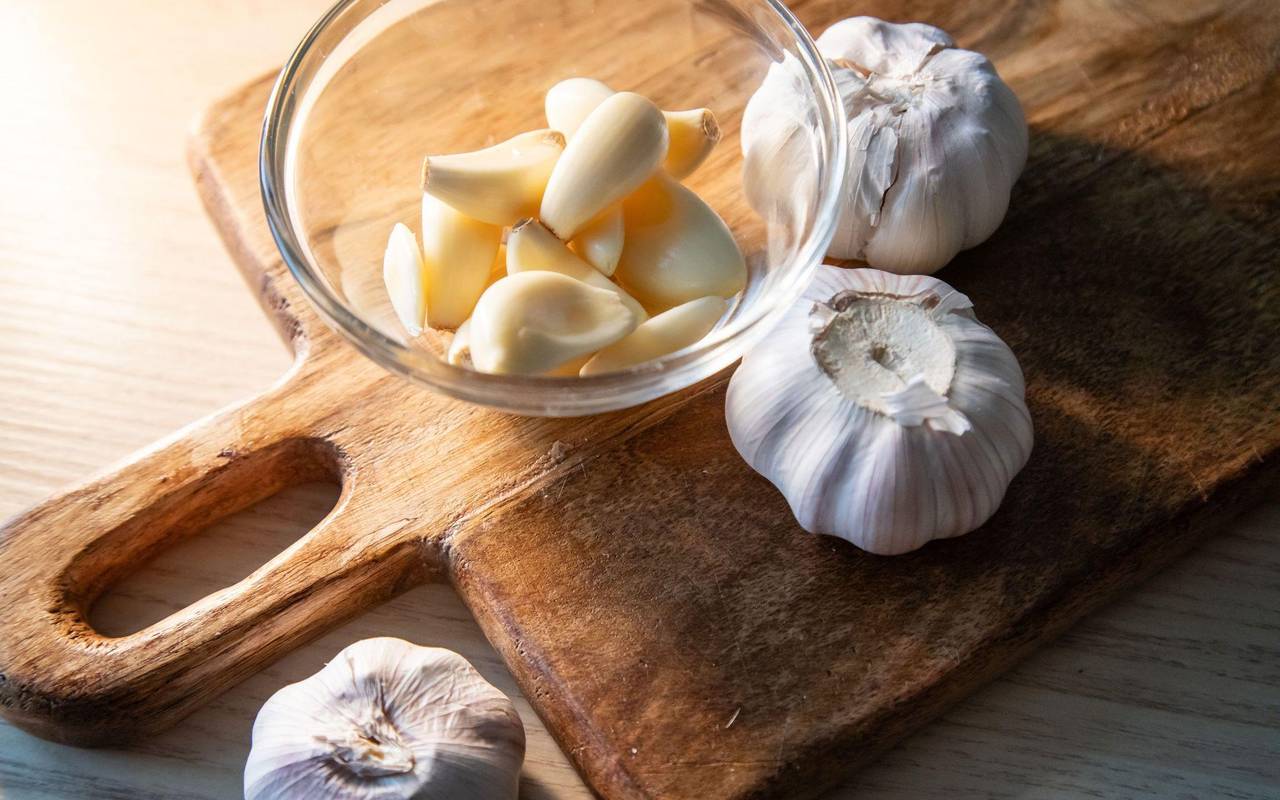 Geschälte Knoblauchzehen liegen in einer Schüssel