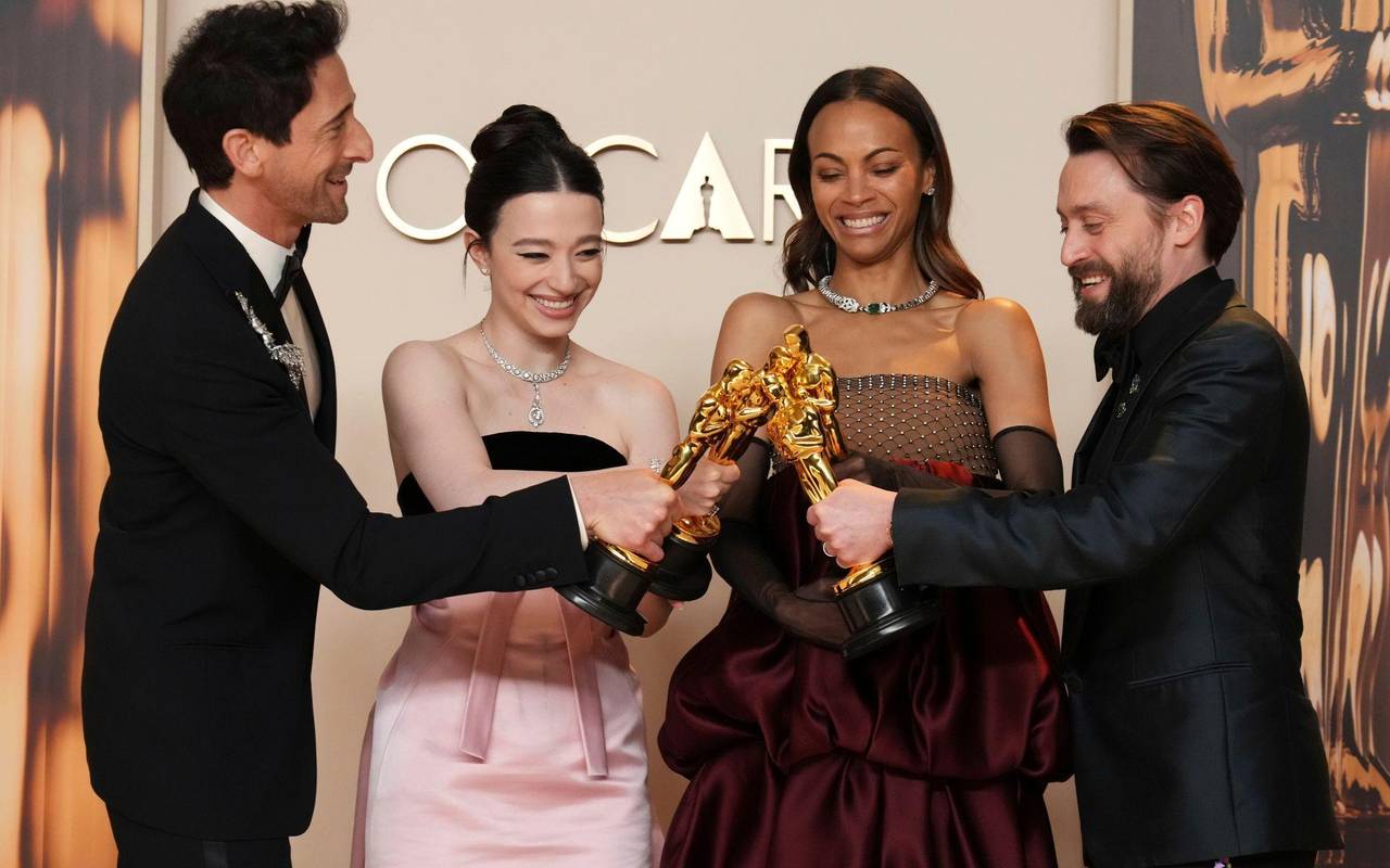 Adrien Brody (l-r), Mikey Madison, Zoe Saldana, Kieran Culkin