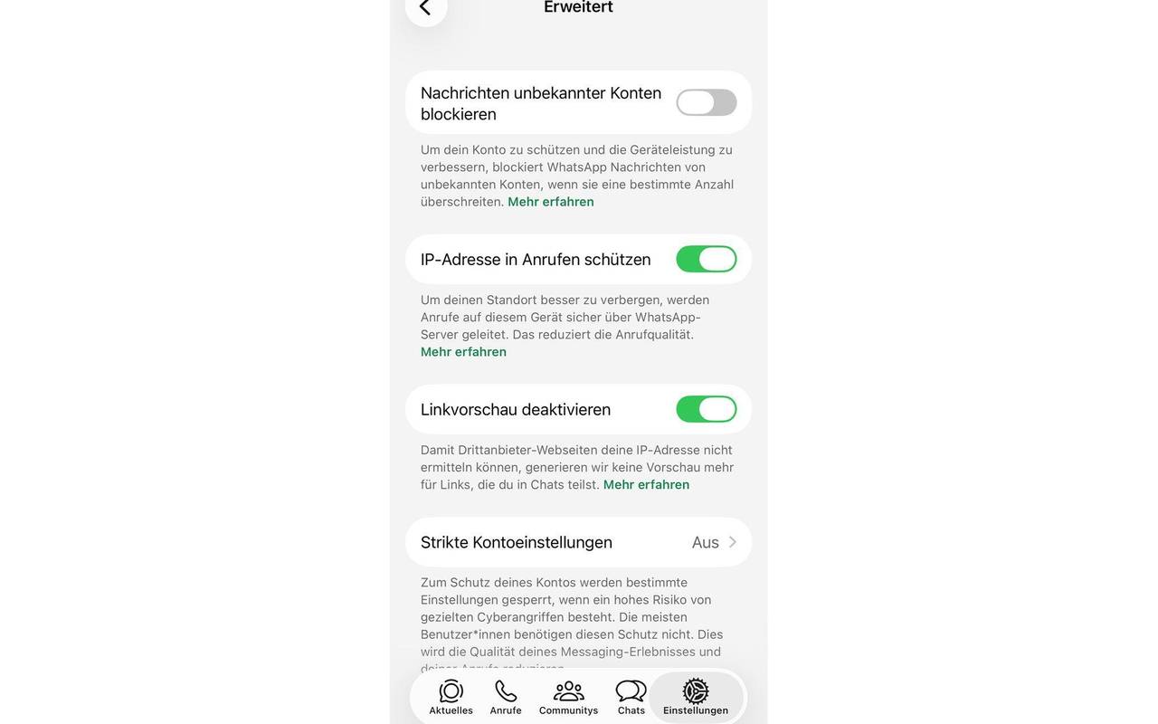 Screenshot der WhatsApp-Datenschutz-Einstellungen