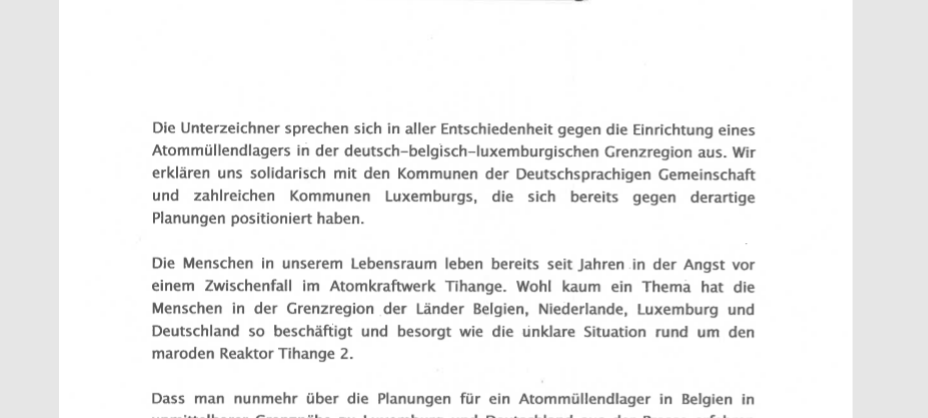 Gemeinsame Resolution gegen belgische Atommüll-Pläne